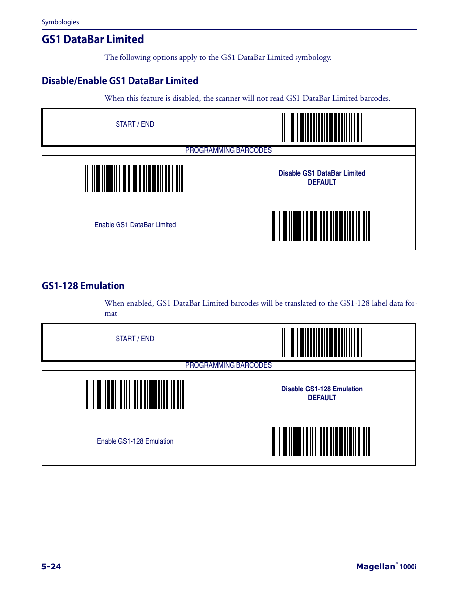 Gs1 databar limited, Disable/enable gs1 databar limited, Gs1-128 emulation | Gs1 databar limited -24 | Datalogic Scanning 1000I User Manual | Page 100 / 176