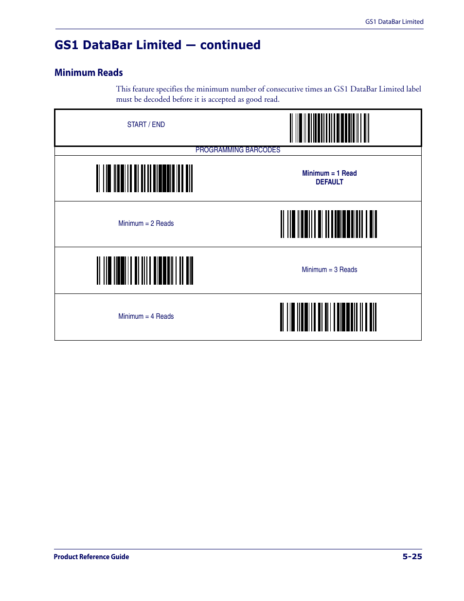 Minimum reads, Minimum reads -25, Gs1 databar limited — continued | Datalogic Scanning 1000I User Manual | Page 101 / 176