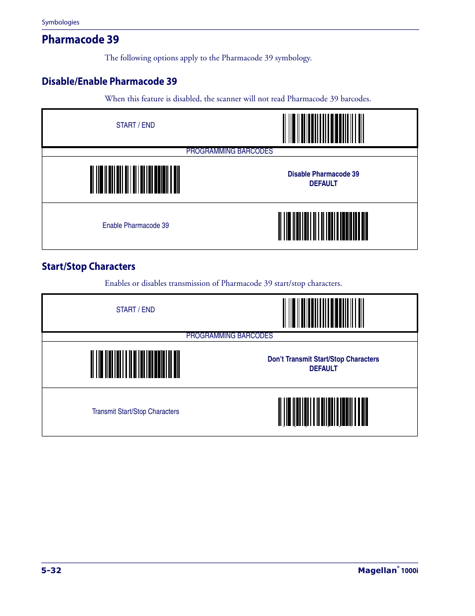 Pharmacode 39, Disable/enable pharmacode 39, Start/stop characters | Pharmacode 39 -32 | Datalogic Scanning 1000I User Manual | Page 108 / 176