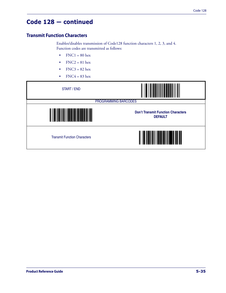 Transmit function characters, Transmit function characters -35, Code 128 — continued | Datalogic Scanning 1000I User Manual | Page 111 / 176