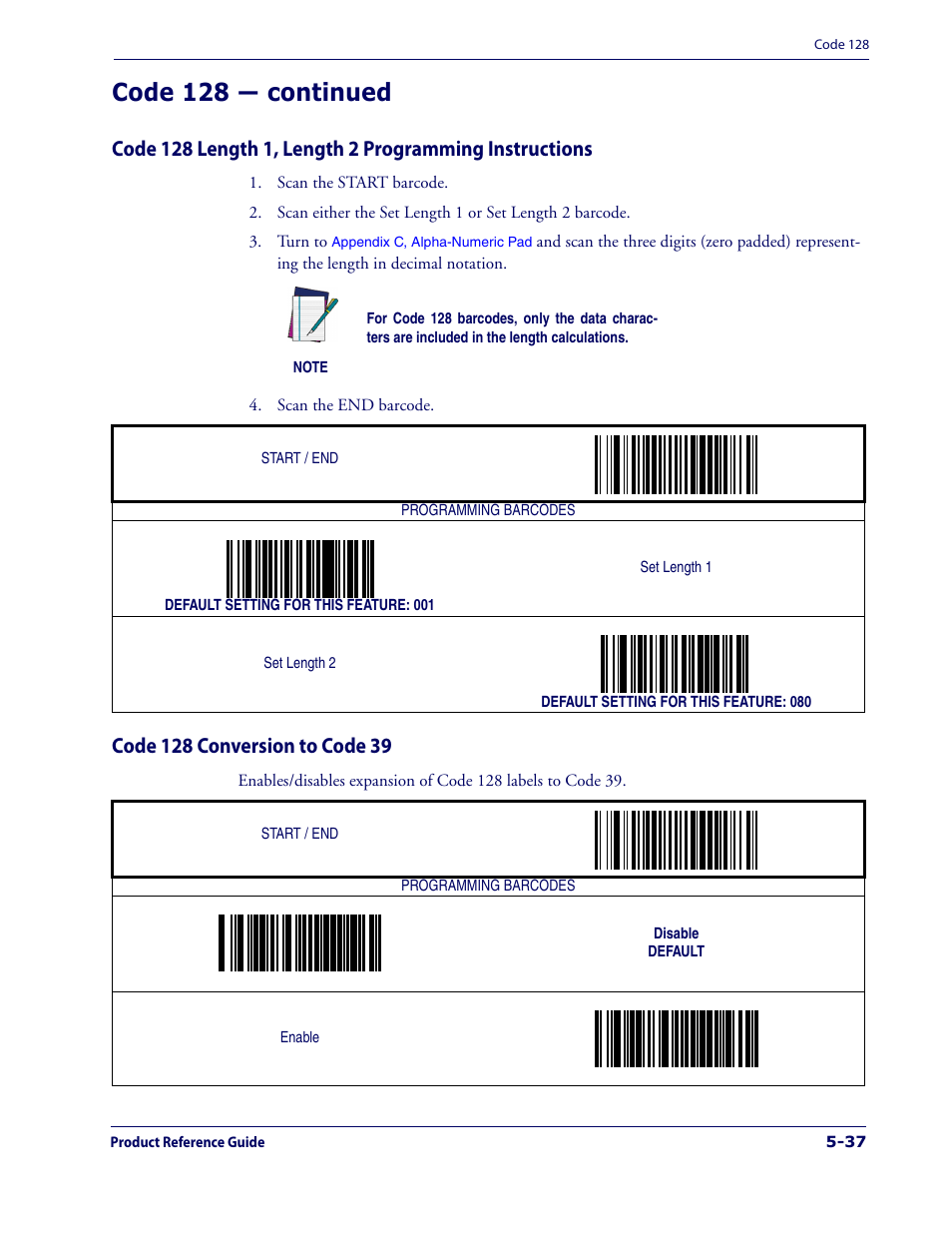 Code 128 conversion to code 39, Code 128 length 1, length 2 pro, Gramming instructions | Wing the, Ing the, Code 128 length 1, length 2, Programming instructions, Code 128 — continued | Datalogic Scanning 1000I User Manual | Page 113 / 176