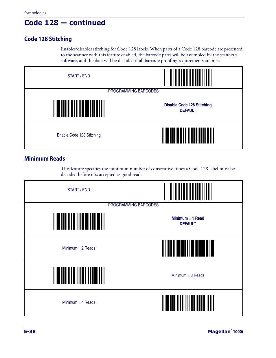 Code 128 stitching, Minimum reads, Code 128 stitching -38 minimum reads -38 | Code 128 — continued | Datalogic Scanning 1000I User Manual | Page 114 / 176