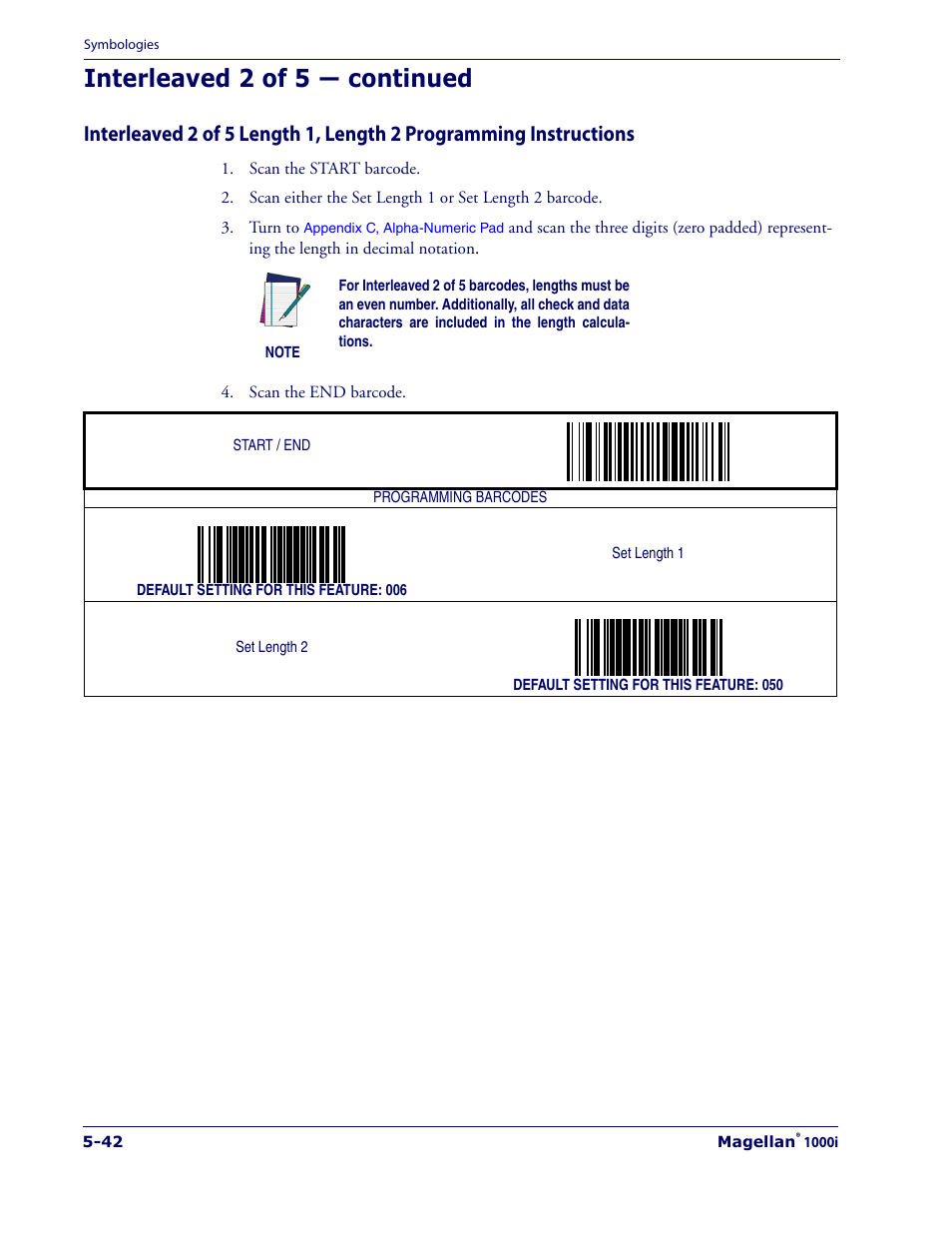 Interleaved 2 of 5 length 1, length 2, Programming instructions, Wing the | Interleaved 2 of 5 length 1, length, 2 programming instructions, Interleaved 2 of 5 length 1, Length 2 programming instructions, Interleaved 2 of 5 — continued | Datalogic Scanning 1000I User Manual | Page 118 / 176