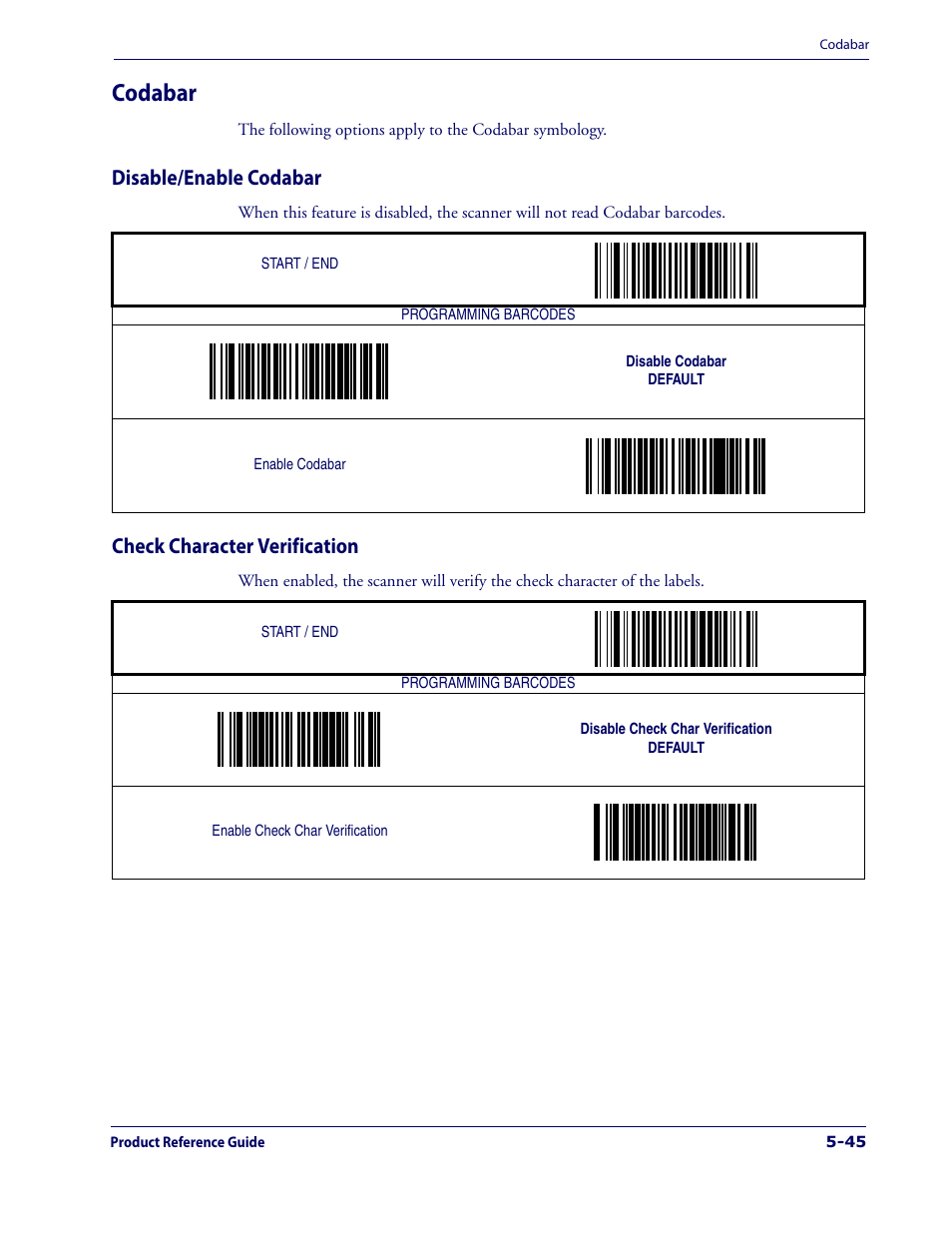 Codabar, Disable/enable codabar, Check character verification | Codabar -45 | Datalogic Scanning 1000I User Manual | Page 121 / 176