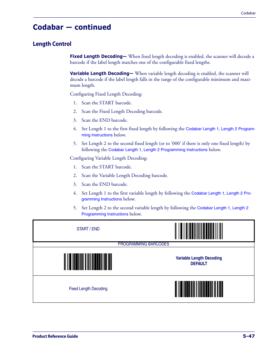 Length control, Length control -47, Codabar — continued | Datalogic Scanning 1000I User Manual | Page 123 / 176