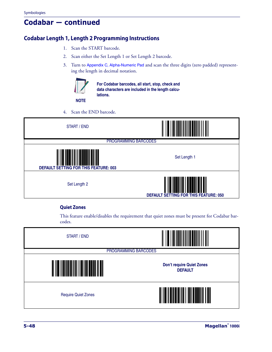 Quiet zones -48, Codabar length 1, length 2 program, Ming instructions | Wing the, Ing the, Codabar length 1, length 2 pro, Gramming instructions, Codabar length 1, length 2, Programming instructions, Codabar — continued | Datalogic Scanning 1000I User Manual | Page 124 / 176