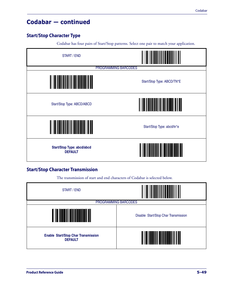 Start/stop character type, Start/stop character transmission, Codabar — continued | Datalogic Scanning 1000I User Manual | Page 125 / 176