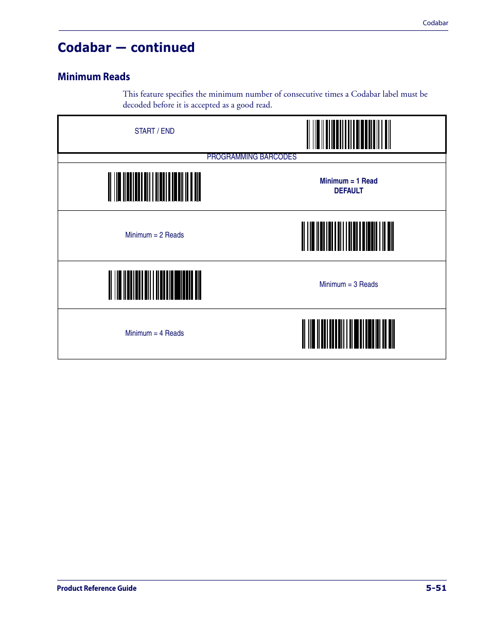 Minimum reads, Minimum reads -51, Codabar — continued | Datalogic Scanning 1000I User Manual | Page 127 / 176