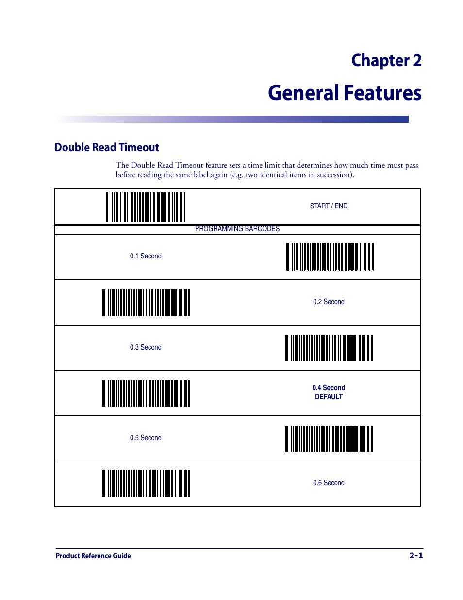 General features, Double read timeout, Double read timeout -1 | Chapter 2 | Datalogic Scanning 1000I User Manual | Page 13 / 176