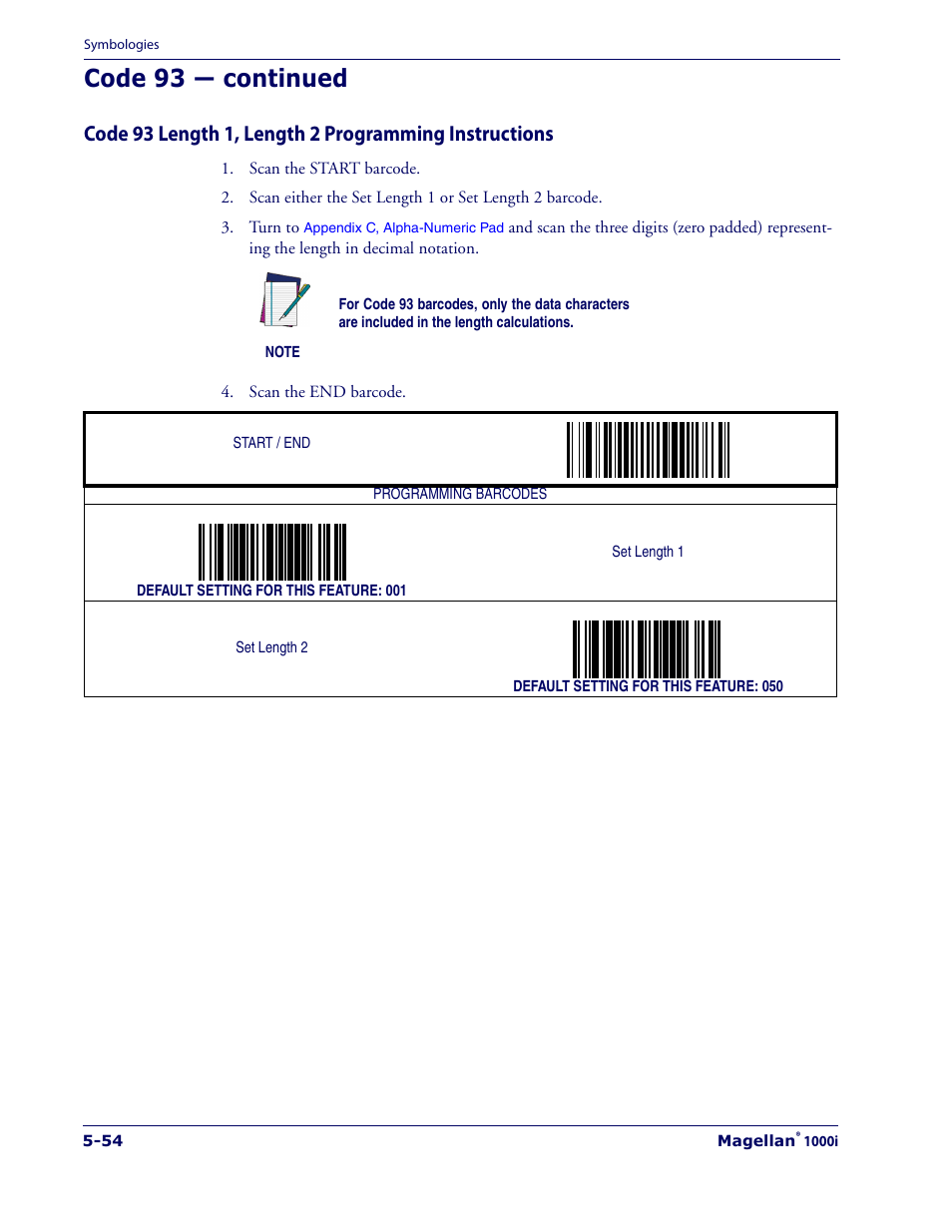 Code 93 length 1, length 2 program, Ming instructions, Wing the | Ing the, Code 93 length 1, length 2 pro, Gramming instructions, Code 93 — continued | Datalogic Scanning 1000I User Manual | Page 130 / 176