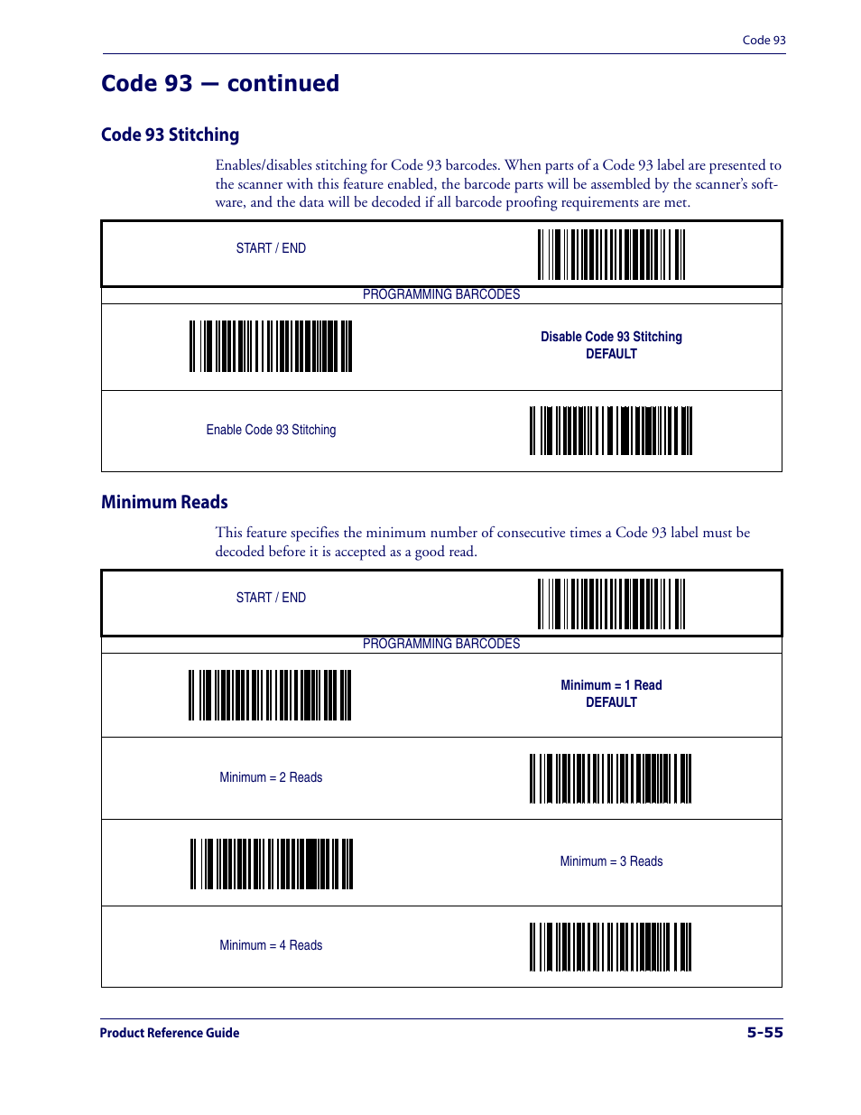 Code 93 stitching, Minimum reads, Code 93 stitching -55 minimum reads -55 | Code 93 — continued | Datalogic Scanning 1000I User Manual | Page 131 / 176