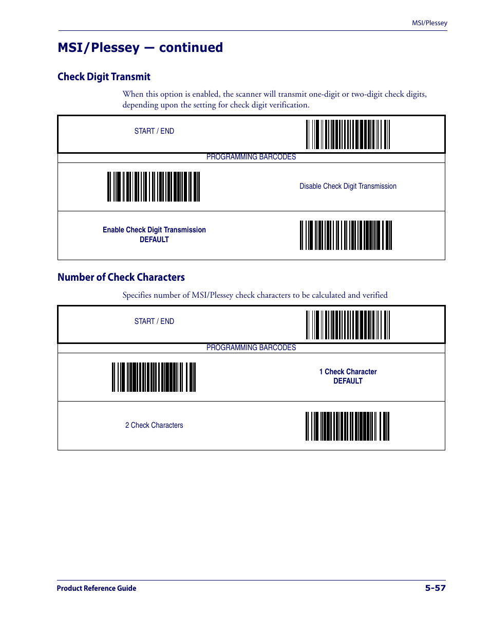 Check digit transmit, Number of check characters, Msi/plessey — continued | Datalogic Scanning 1000I User Manual | Page 133 / 176