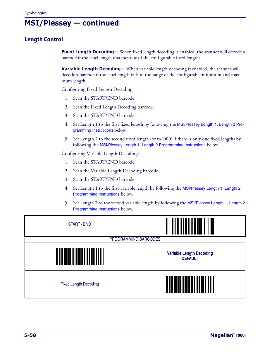 Length control, Length control -58, Msi/plessey — continued | Datalogic Scanning 1000I User Manual | Page 134 / 176