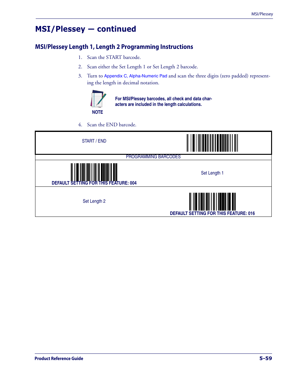 Msi/plessey length 1, length 2 pro, Gramming instructions, Wing the | Ing the, Msi/plessey length 1, length 2, Programming instructions, Msi/plessey — continued | Datalogic Scanning 1000I User Manual | Page 135 / 176