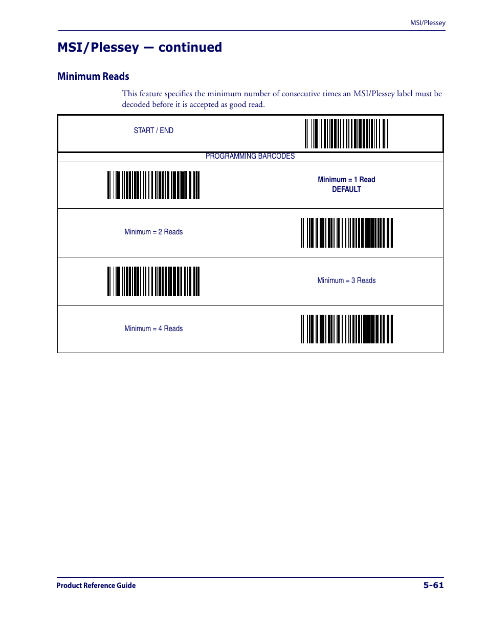 Minimum reads, Minimum reads -61, Msi/plessey — continued | Datalogic Scanning 1000I User Manual | Page 137 / 176