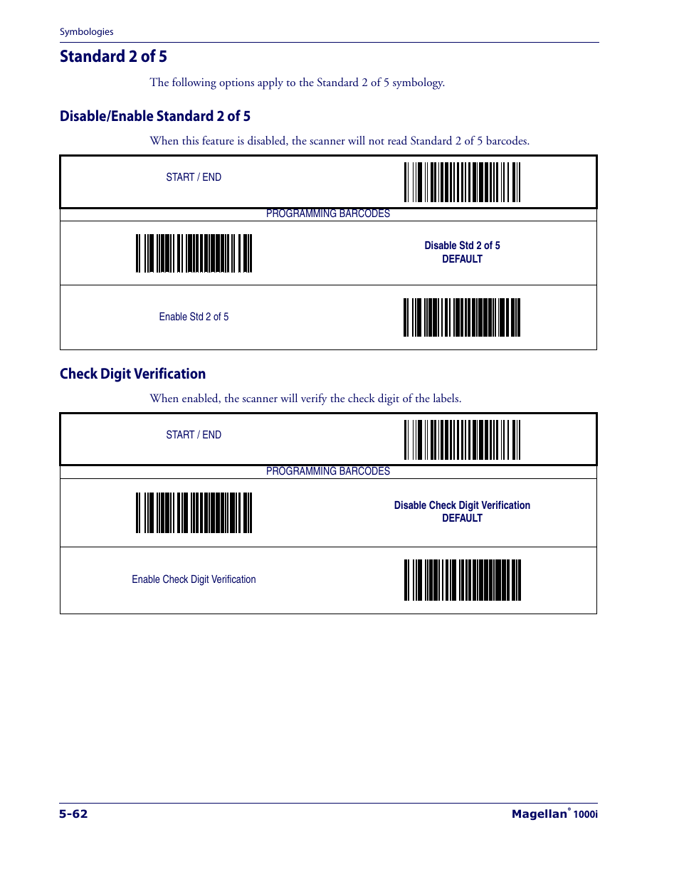 Standard 2 of 5, Disable/enable standard 2 of 5, Check digit verification | Standard 2 of 5 -62 | Datalogic Scanning 1000I User Manual | Page 138 / 176