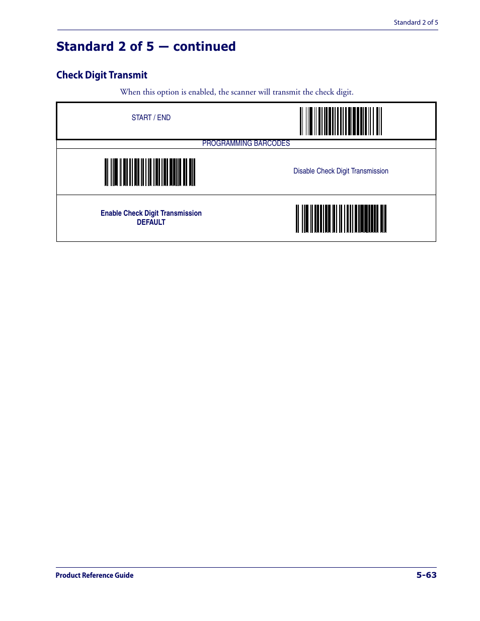 Check digit transmit, Check digit transmit -63, Standard 2 of 5 — continued | Datalogic Scanning 1000I User Manual | Page 139 / 176