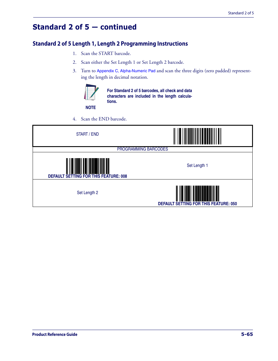 Standard 2 of 5 length 1, length 2, Programming instructions, Wing the | Standard 2 of 5 length 1, length, 2 programming instructions, Standard 2 of 5 — continued | Datalogic Scanning 1000I User Manual | Page 141 / 176