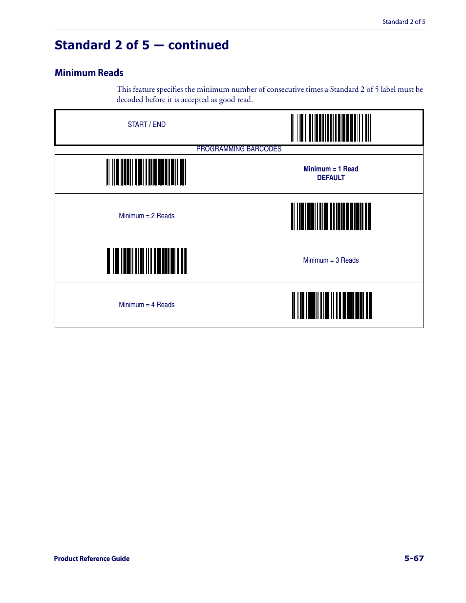 Minimum reads, Minimum reads -67, Standard 2 of 5 — continued | Datalogic Scanning 1000I User Manual | Page 143 / 176