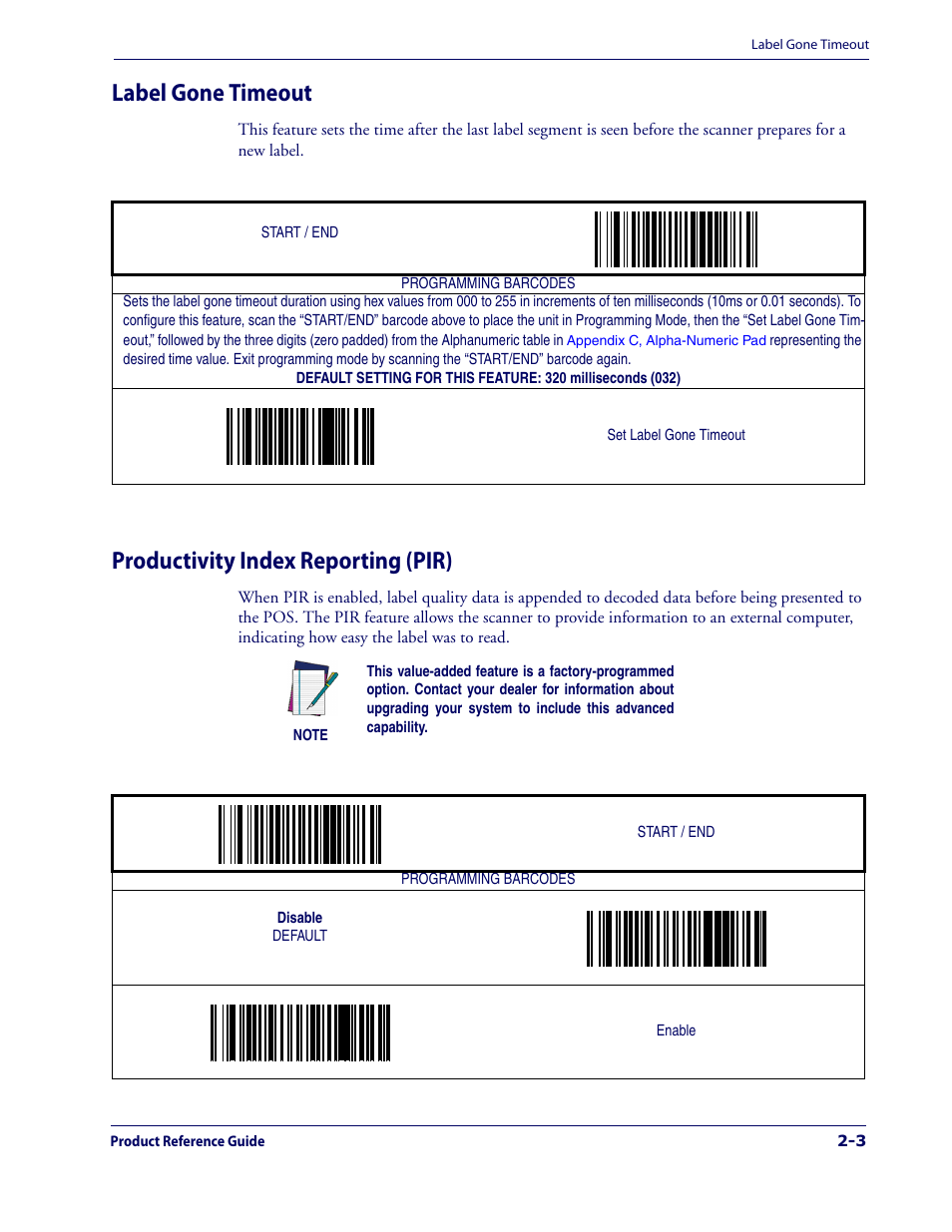 Label gone timeout, Productivity index reporting (pir) | Datalogic Scanning 1000I User Manual | Page 15 / 176