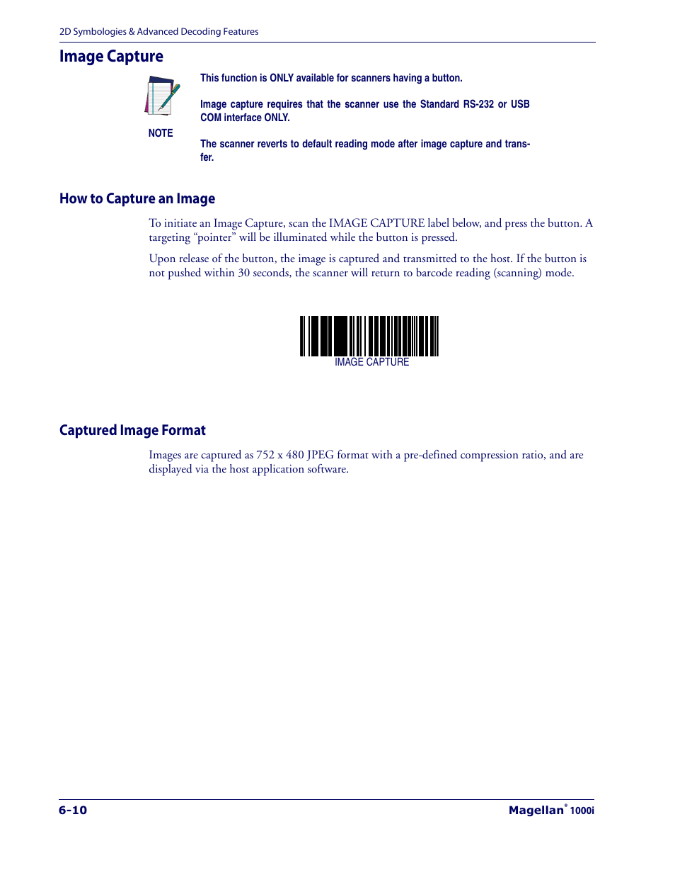 Image capture, How to capture an image, Captured image format | Image capture -10 | Datalogic Scanning 1000I User Manual | Page 154 / 176