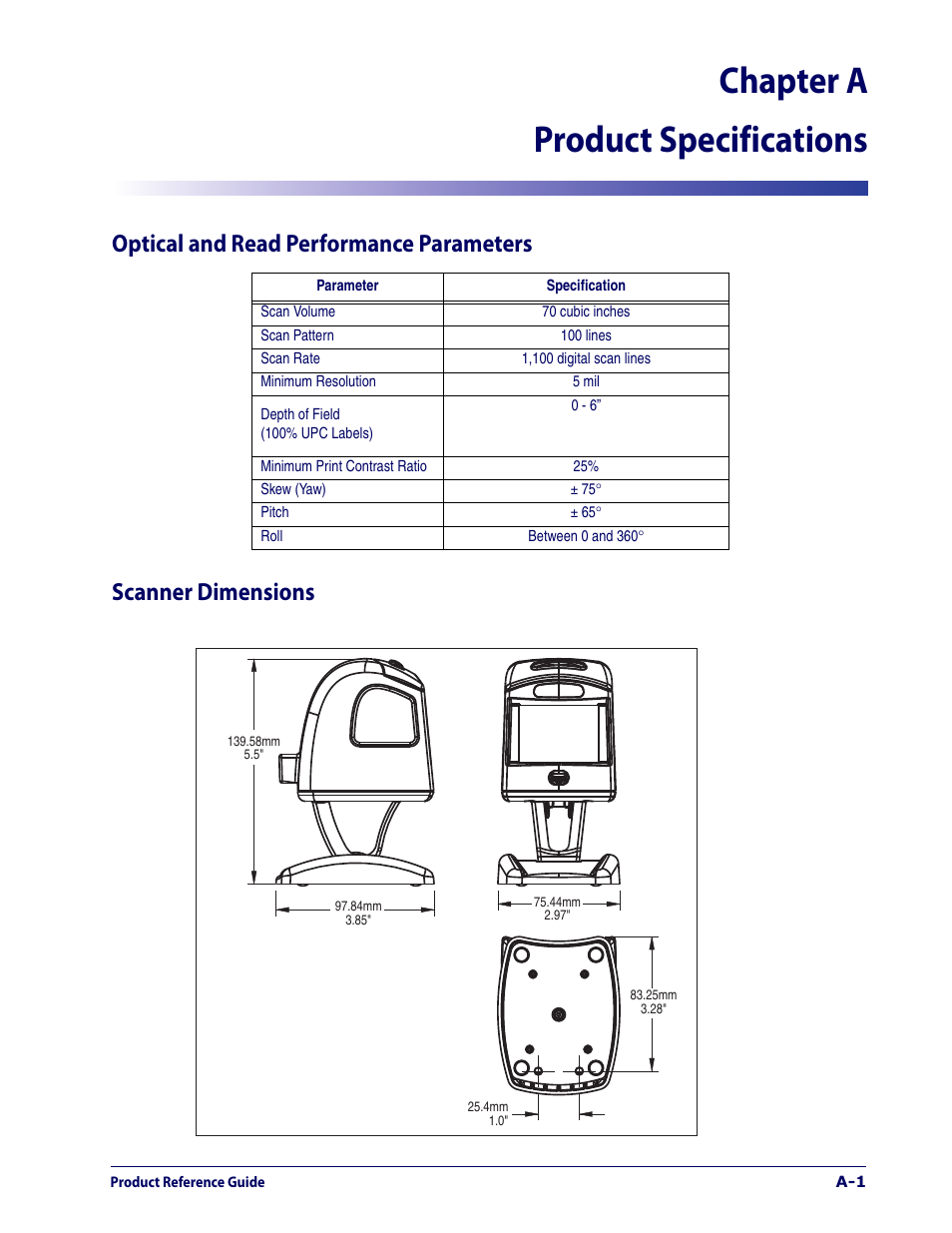 Product specifications, Optical and read performance parameters, Scanner dimensions | Chapter a product specifications | Datalogic Scanning 1000I User Manual | Page 155 / 176