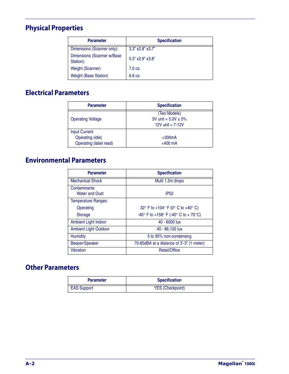 Physical properties, Electrical parameters, Environmental parameters | Other parameters | Datalogic Scanning 1000I User Manual | Page 156 / 176