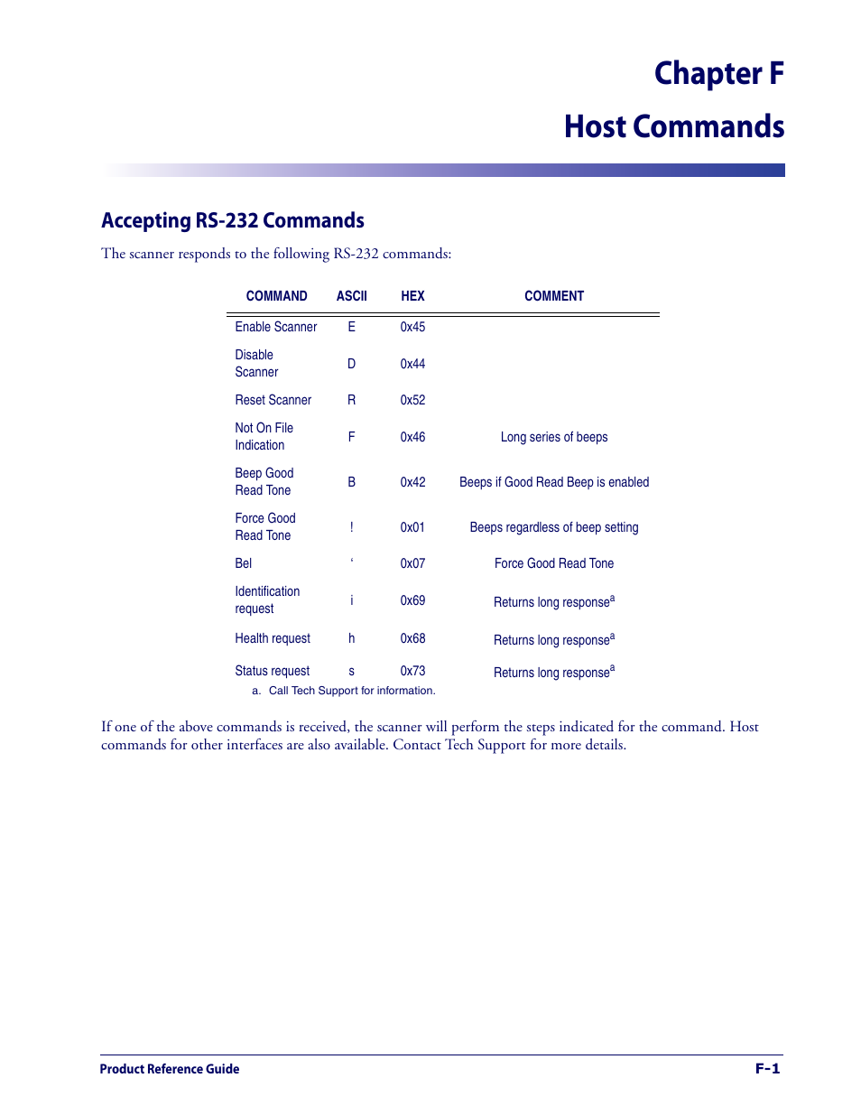 Host commands, Accepting rs-232 commands, Chapter f host commands | Datalogic Scanning 1000I User Manual | Page 171 / 176