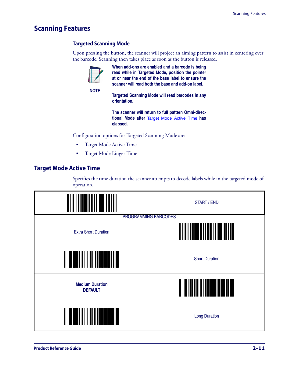 Scanning features, Target mode active time, Scanning features -11 | Targeted scanning mode -11, Target mode active time -11 | Datalogic Scanning 1000I User Manual | Page 23 / 176