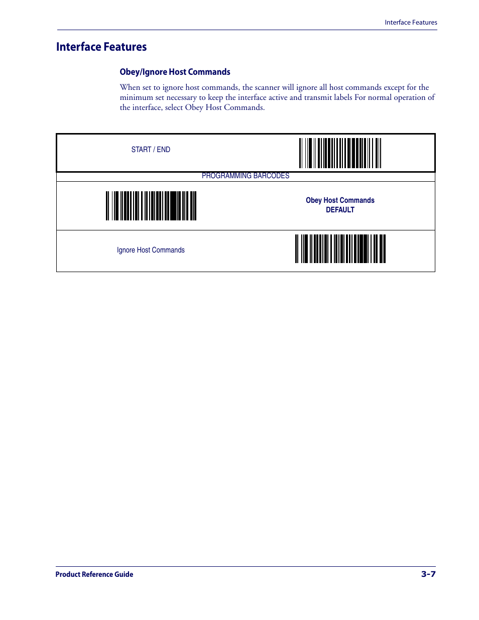 Interface features, Interface features -7, Obey/ignore host commands -7 | Datalogic Scanning 1000I User Manual | Page 33 / 176