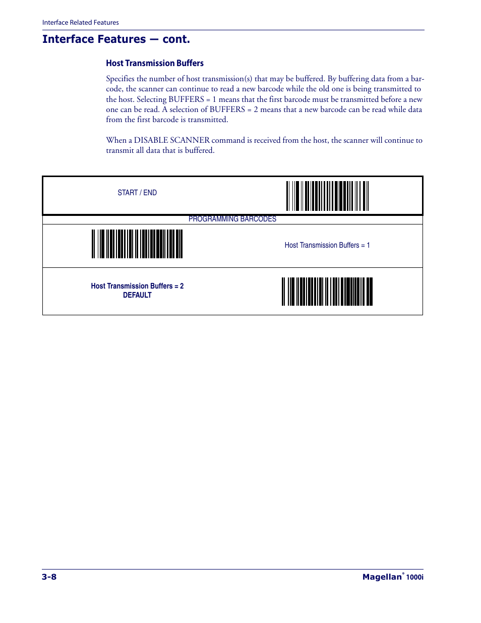 Host transmission buffers -8, Interface features — cont | Datalogic Scanning 1000I User Manual | Page 34 / 176