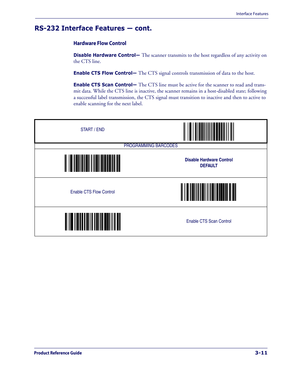 Hardware flow control -11, Rs-232 interface features — cont | Datalogic Scanning 1000I User Manual | Page 37 / 176