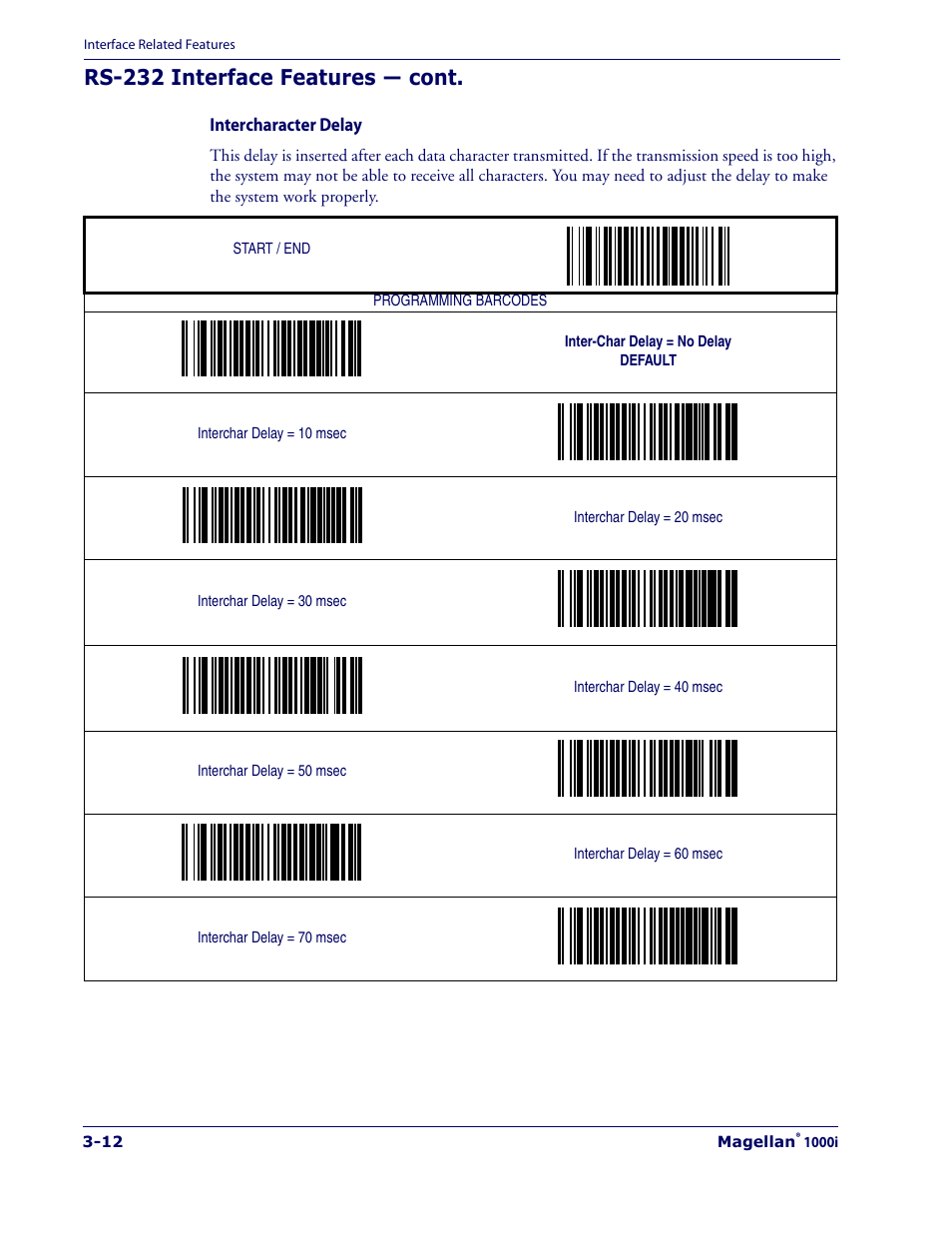 Intercharacter delay -12, Rs-232 interface features — cont | Datalogic Scanning 1000I User Manual | Page 38 / 176