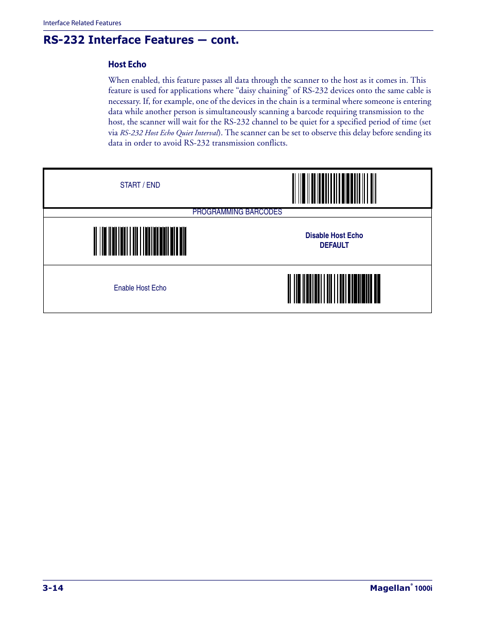 Host echo -14, Rs-232 interface features — cont | Datalogic Scanning 1000I User Manual | Page 40 / 176