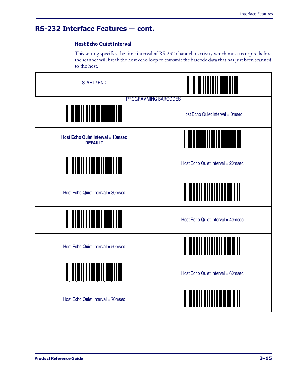 Host echo quiet interval -15, Rs-232 interface features — cont | Datalogic Scanning 1000I User Manual | Page 41 / 176