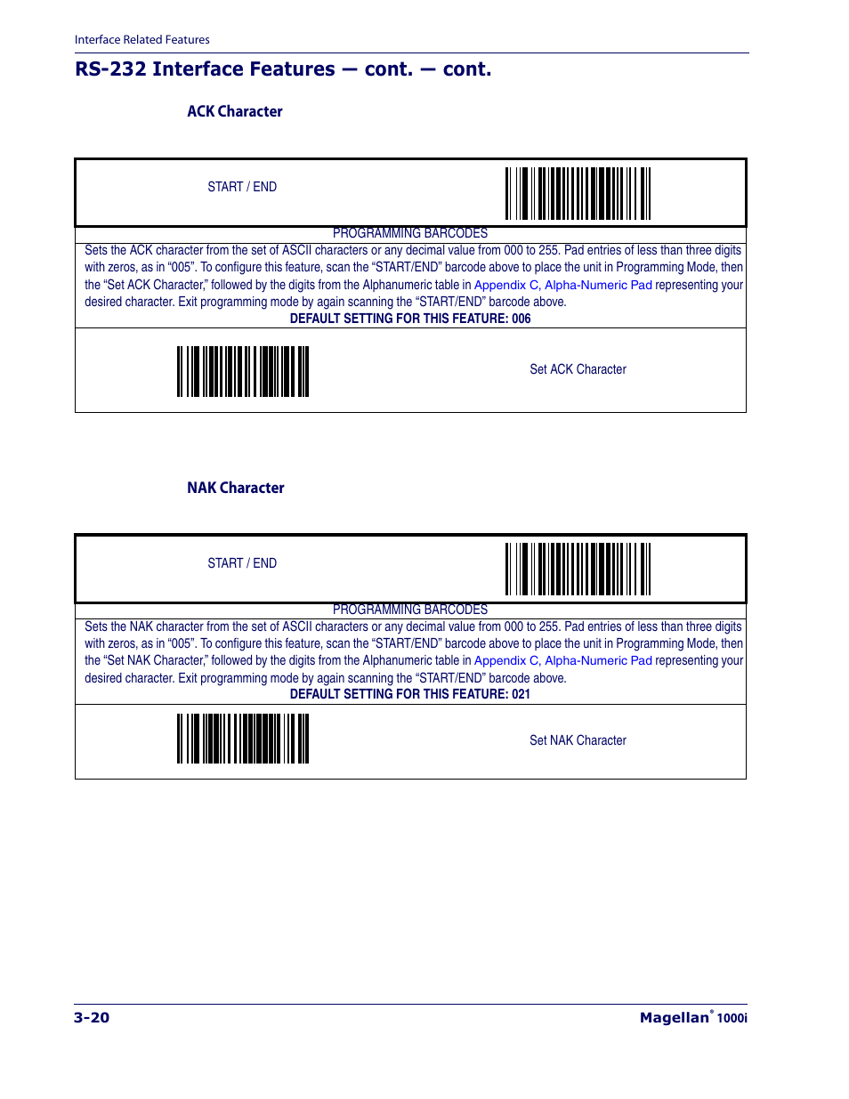 Ack character -20, Nak character -20, Rs-232 interface features — cont. — cont | Datalogic Scanning 1000I User Manual | Page 46 / 176