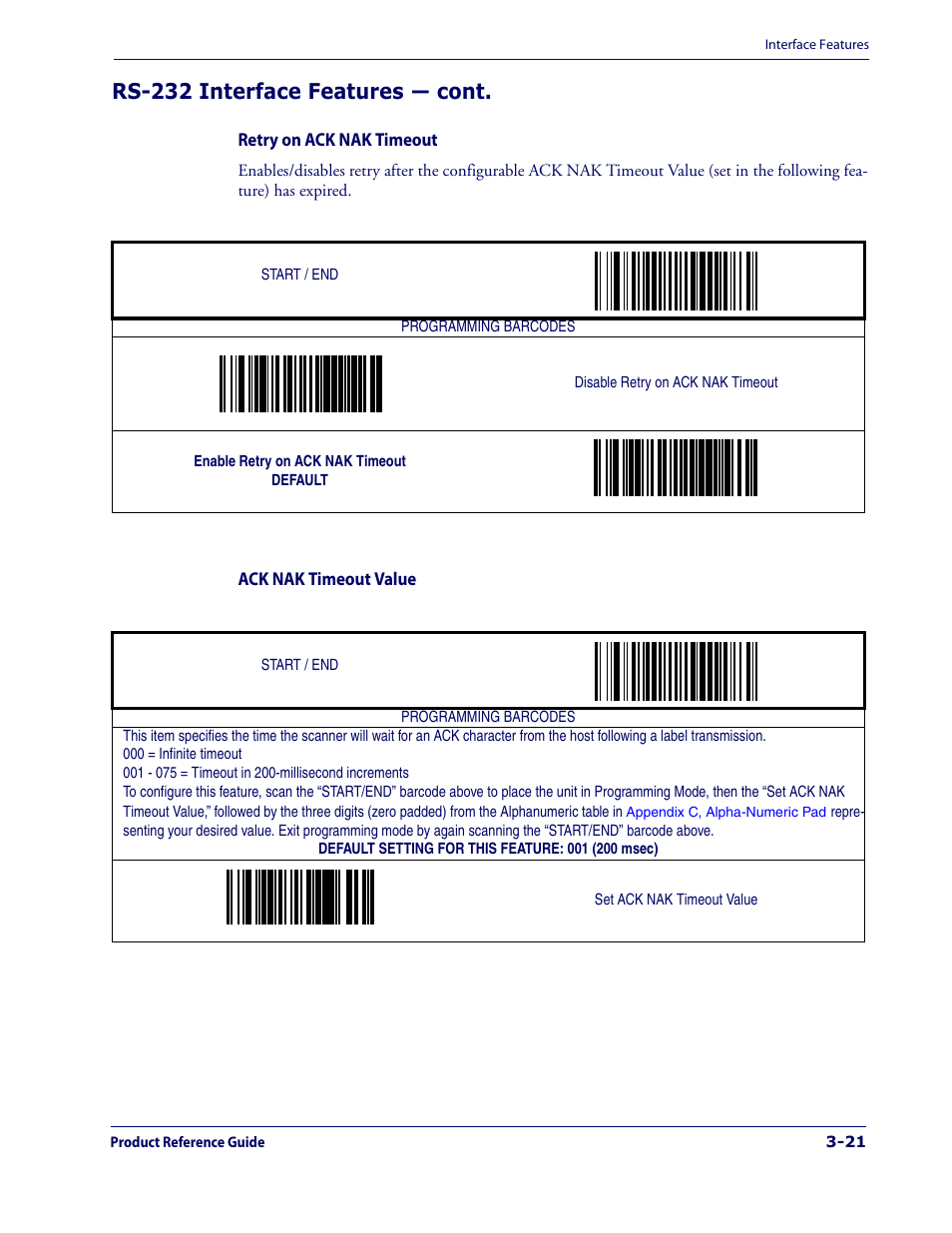 Retry on ack nak timeout -21, Ack nak timeout value -21, Rs-232 interface features — cont | Datalogic Scanning 1000I User Manual | Page 47 / 176