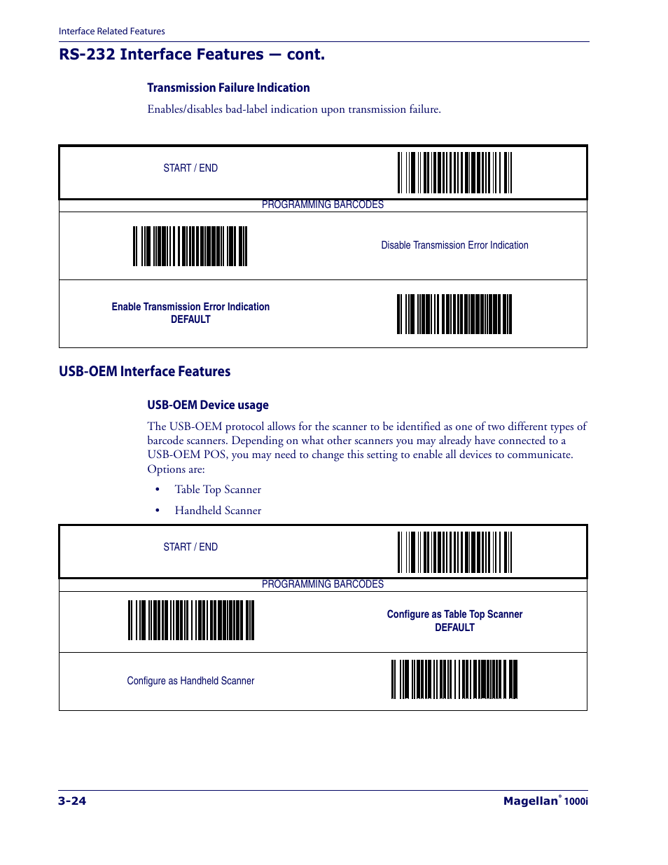 Usb-oem interface features, Transmission failure indication -24, Usb-oem interface features -24 | Usb-oem device usage -24, Rs-232 interface features — cont | Datalogic Scanning 1000I User Manual | Page 50 / 176