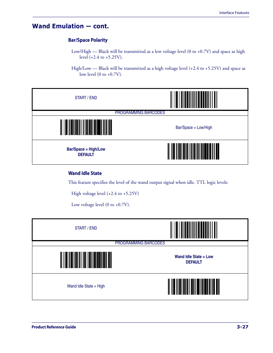 Bar/space polarity -27, Wand idle state -27, Wand emulation — cont | Datalogic Scanning 1000I User Manual | Page 53 / 176