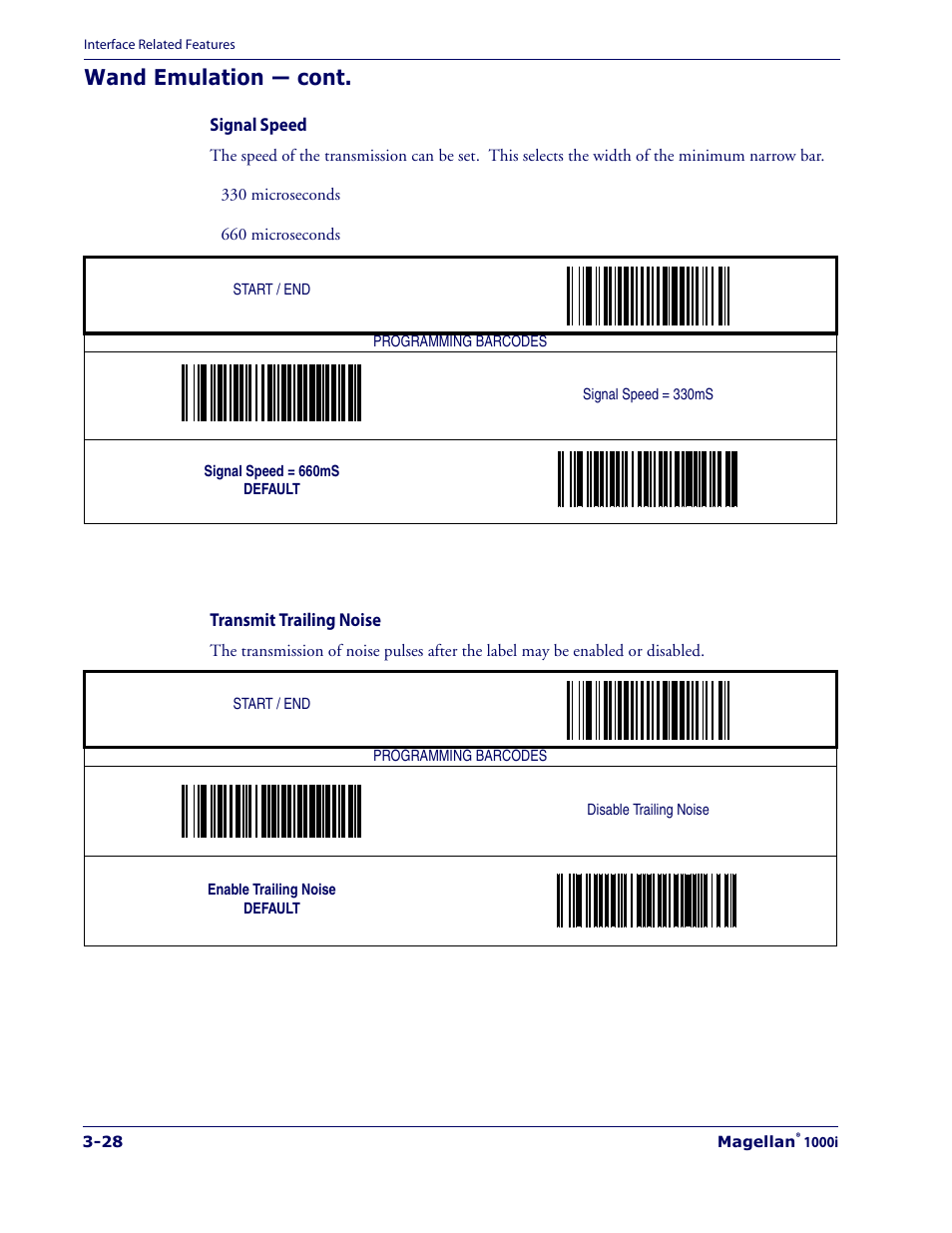 Signal speed -28, Transmit trailing noise -28, Wand emulation — cont | Datalogic Scanning 1000I User Manual | Page 54 / 176