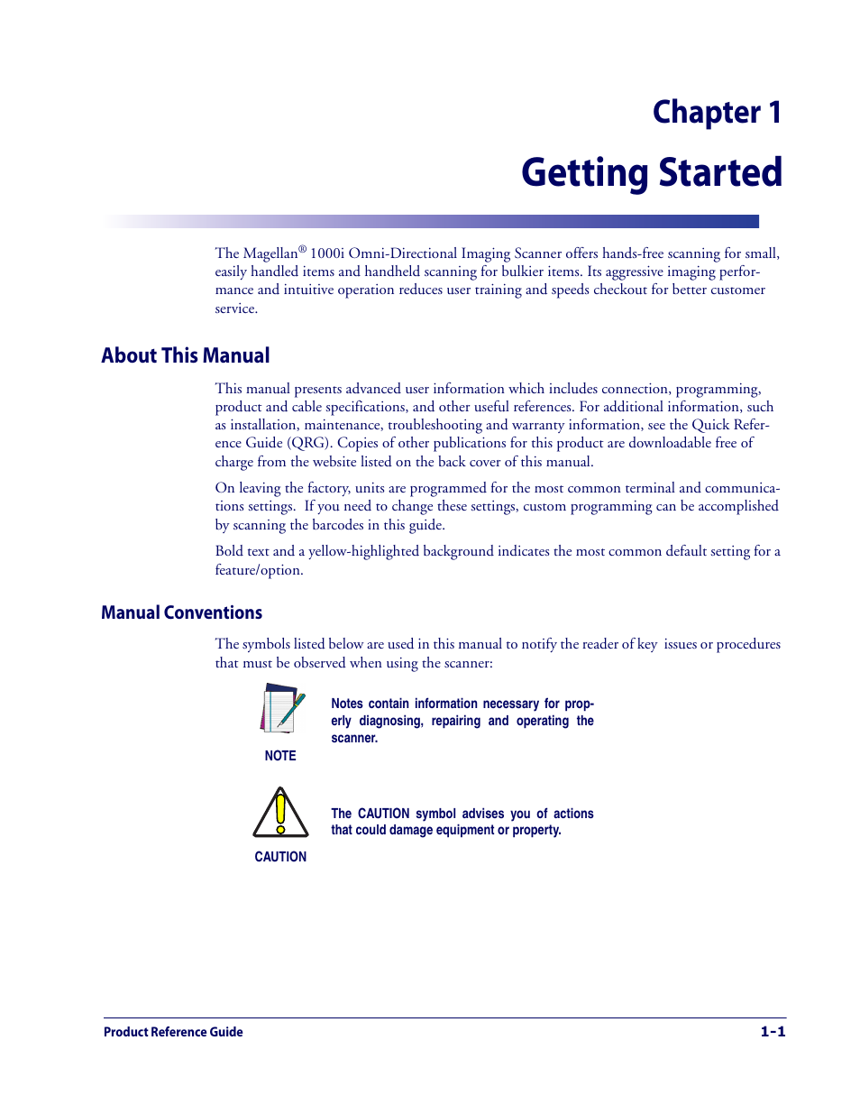 Getting started, About this manual, Manual conventions | About this manual -1, Manual conventions -1, Chapter 1 | Datalogic Scanning 1000I User Manual | Page 7 / 176