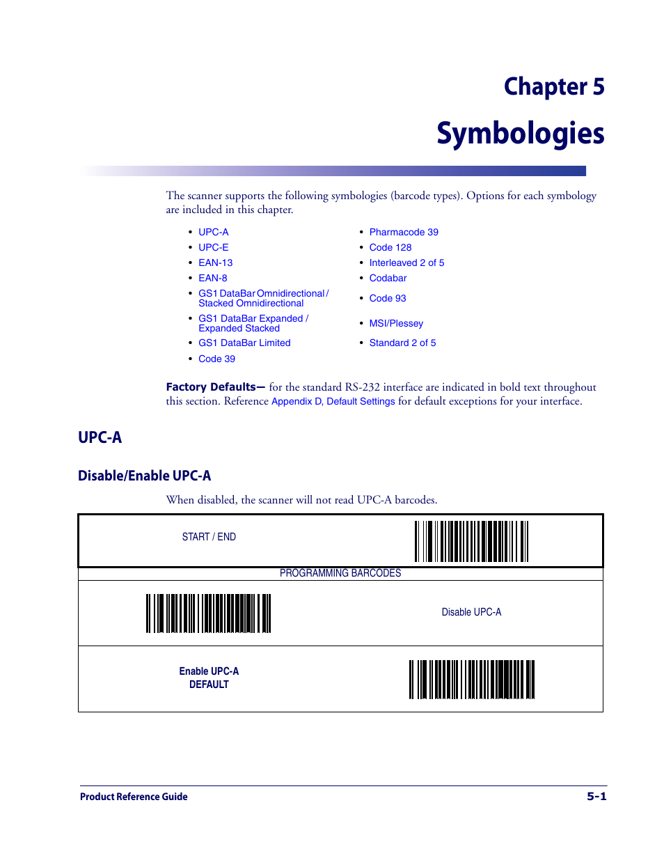 Symbologies, Upc-a, Disable/enable upc-a | Upc-a -1, Disable/enable upc-a -1, Chapter for th, Chapter 5 | Datalogic Scanning 1000I User Manual | Page 77 / 176