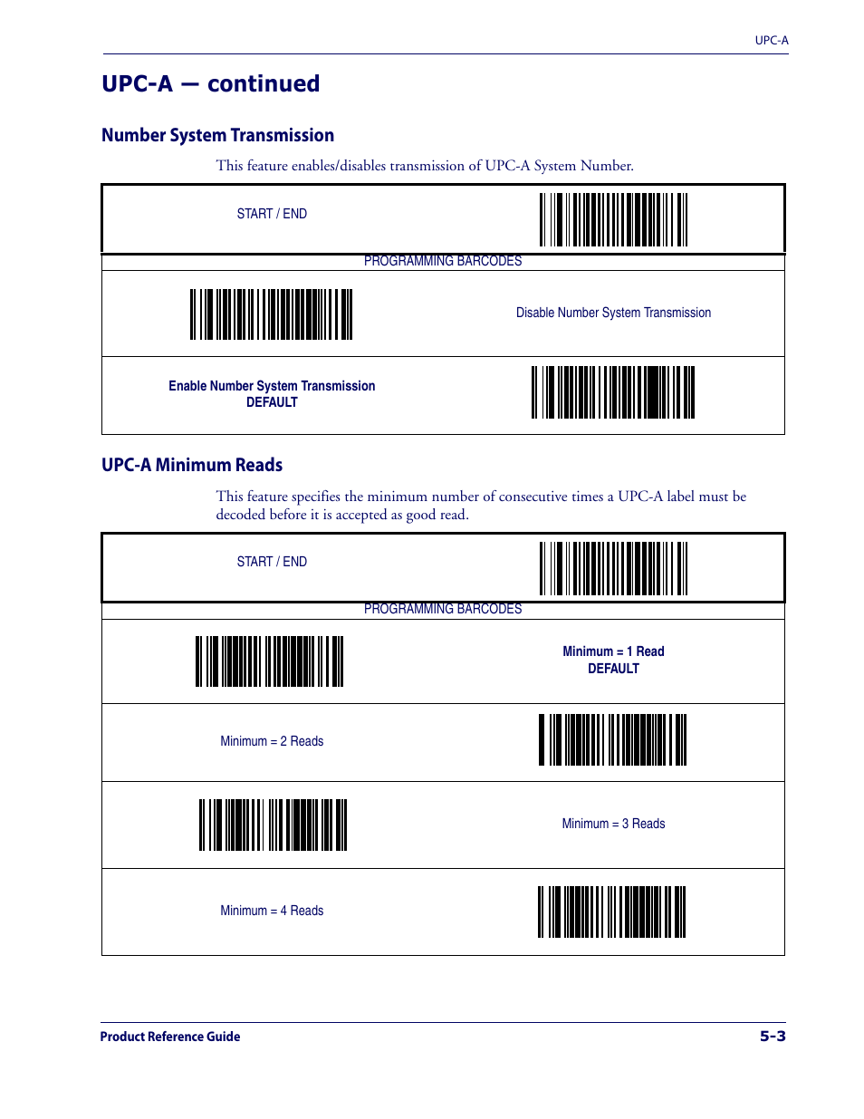 Number system transmission, Upc-a minimum reads, Upc-a — continued | Datalogic Scanning 1000I User Manual | Page 79 / 176