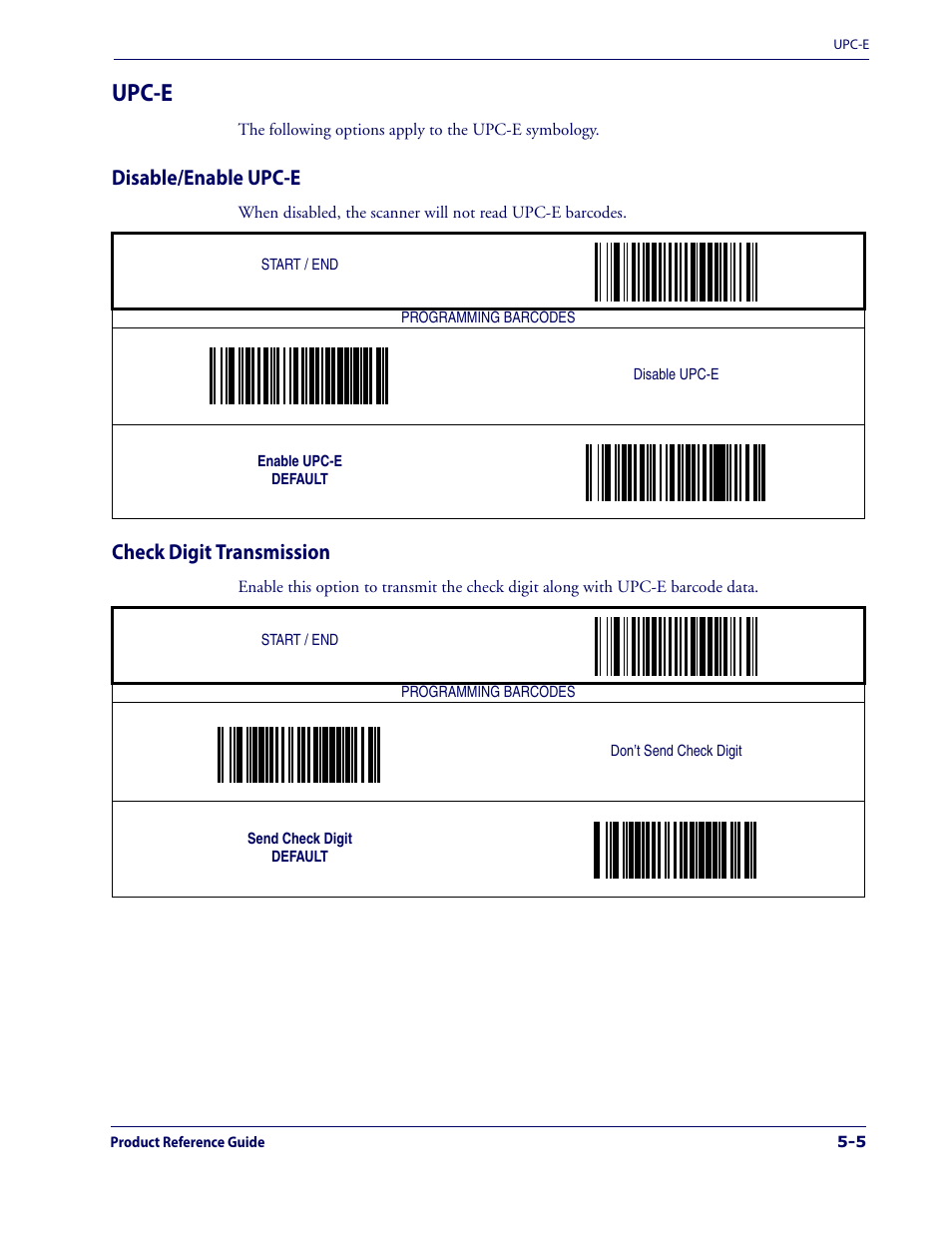 Upc-e, Disable/enable upc-e, Check digit transmission | Upc-e -5 | Datalogic Scanning 1000I User Manual | Page 81 / 176