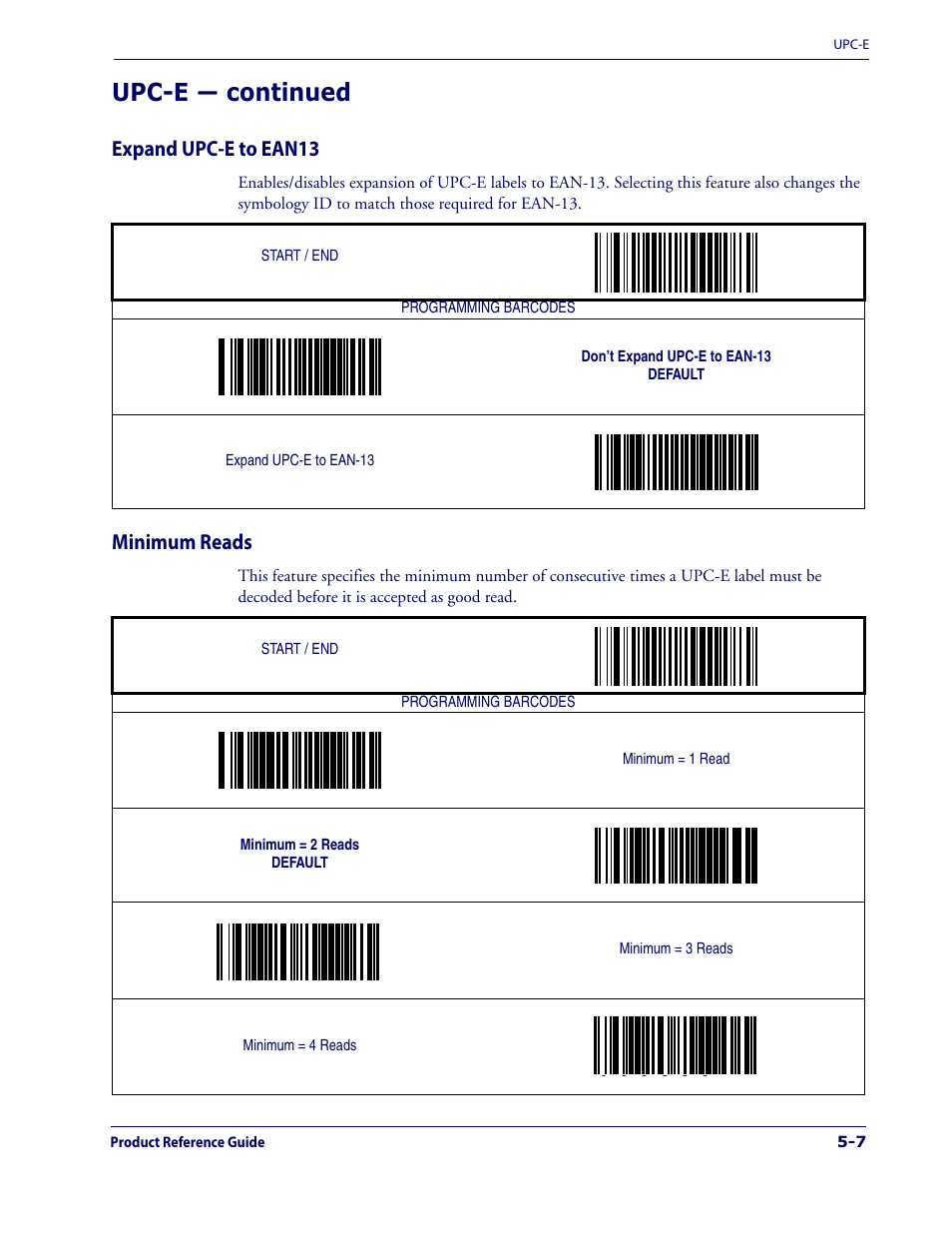 Expand upc-e to ean13, Minimum reads, Expand upc-e to ean13 -7 minimum reads -7 | Upc-e — continued | Datalogic Scanning 1000I User Manual | Page 83 / 176