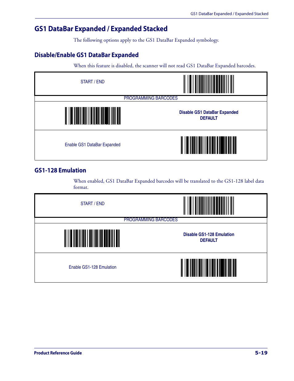 Gs1 databar expanded / expanded stacked, Disable/enable gs1 databar expanded, Gs1-128 emulation | Gs1 databar expanded / expanded stacked -19 | Datalogic Scanning 1000I User Manual | Page 95 / 176