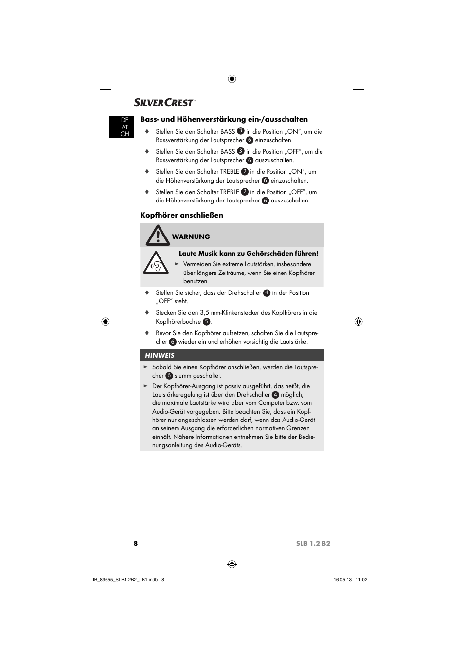 Bass- und höhenverstärkung ein-/ausschalten, Kopfhörer anschließen | Silvercrest SLB 1.2 B2 User Manual | Page 11 / 64