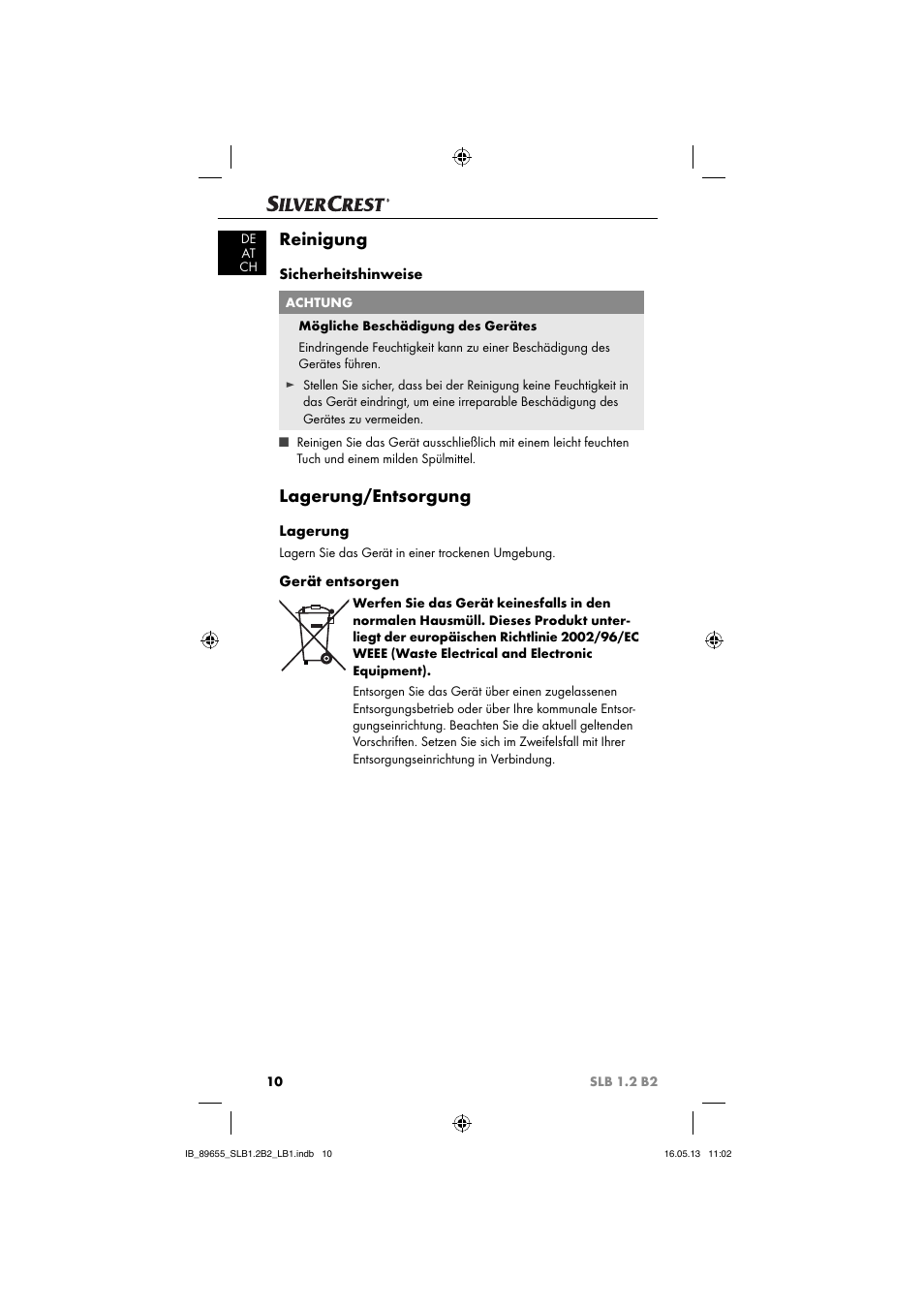 Reinigung, Lagerung/entsorgung | Silvercrest SLB 1.2 B2 User Manual | Page 13 / 64