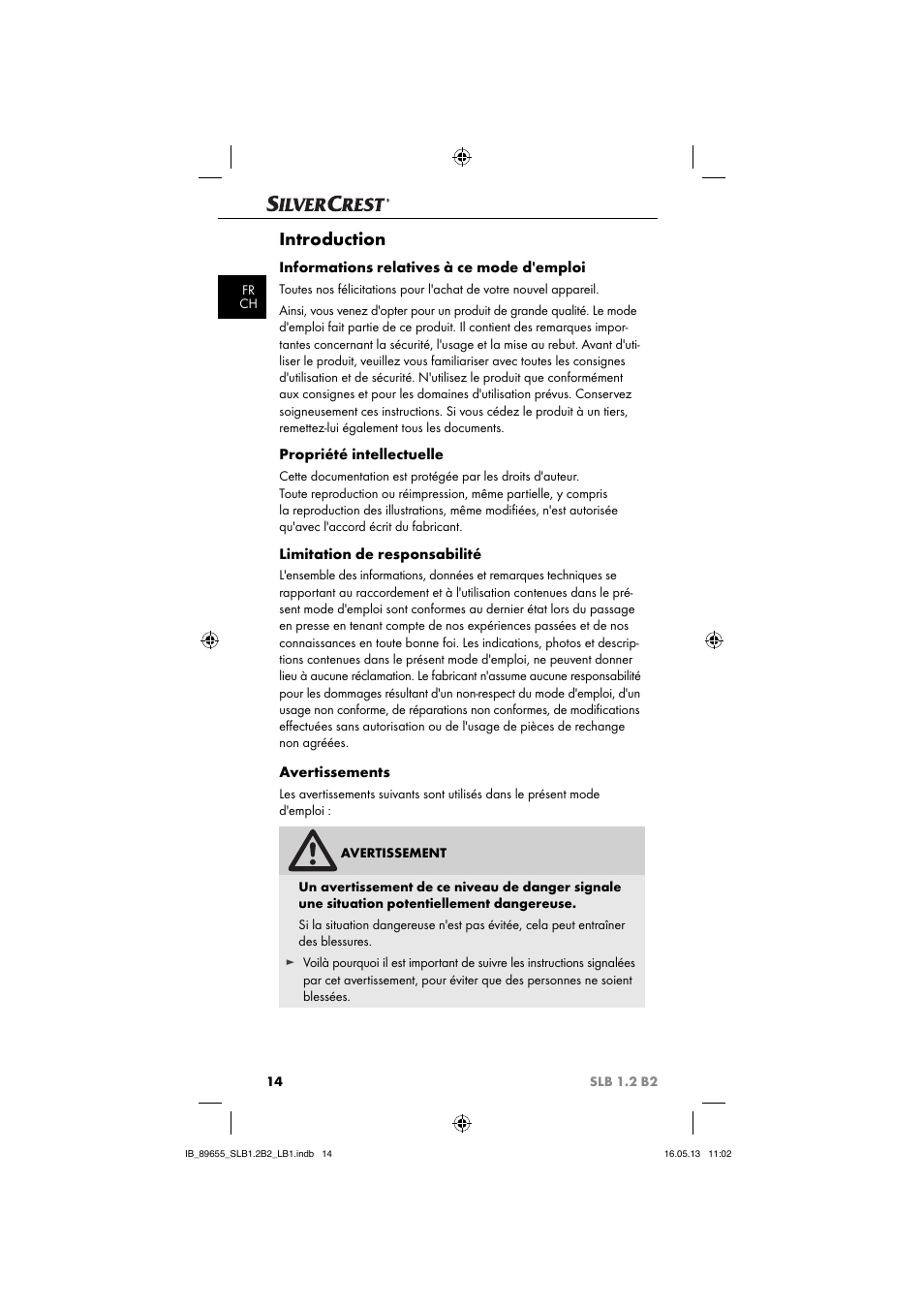 Introduction, Informations relatives à ce mode d'emploi, Propriété intellectuelle | Limitation de responsabilité, Avertissements | Silvercrest SLB 1.2 B2 User Manual | Page 17 / 64