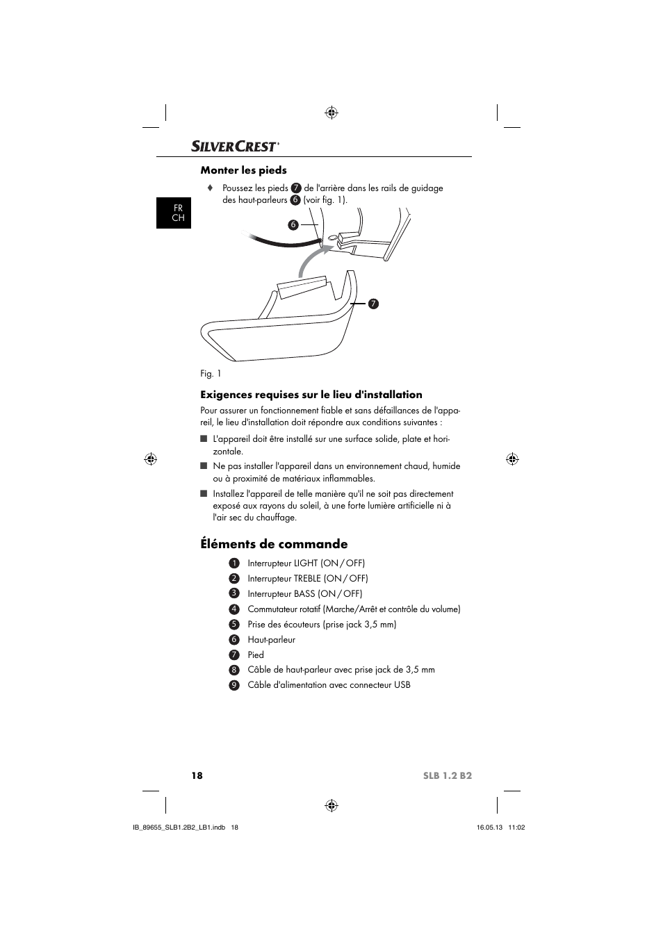 Éléments de commande, Monter les pieds, Exigences requises sur le lieu d'installation | Silvercrest SLB 1.2 B2 User Manual | Page 21 / 64